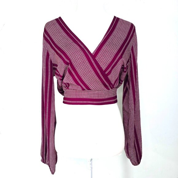 Band of Gypsies Wine Red Faux Wrap Long Sleeve Striped Crop Top - Picture 1 of 4